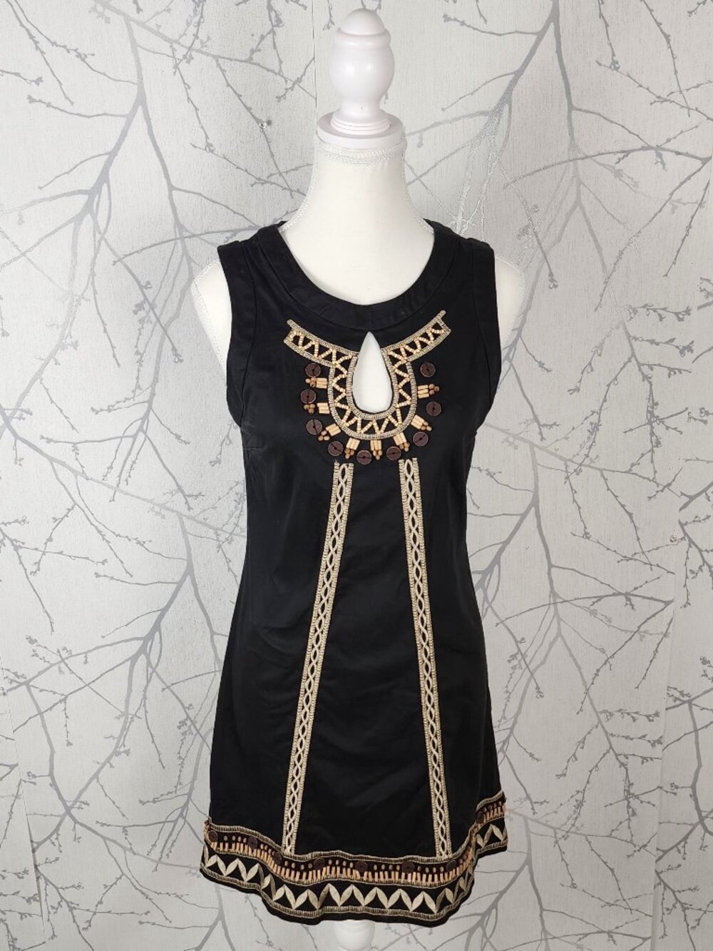 Le Chateau Black Cotton Stretch Embroidered Keyhole A-Line Dress